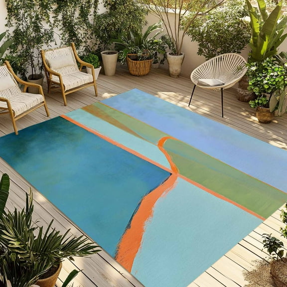 Fsddascl Green Teal Orange Outdoor Rug for Patio/Deck/Porch, Non-Slip Large Area Rug 5 x 8 Ft, Modern Oil Painting Abstract Indoor Outdoor Rugs Washable Area Rugs, Reversible Camping Rug Carpet