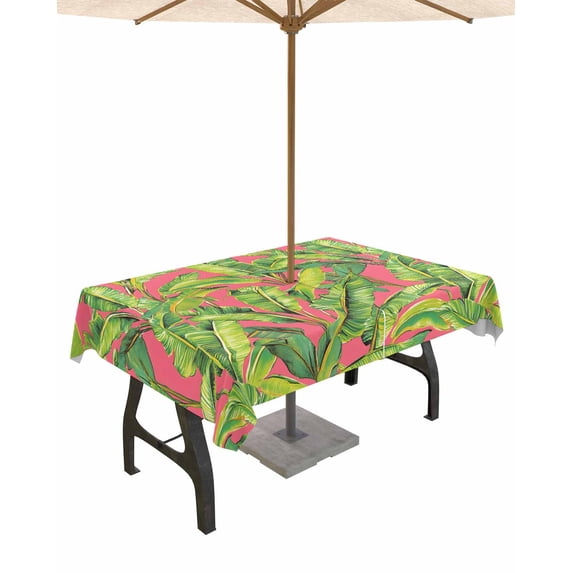 Fsddascl Green Tropical Leaves Outdoor Tablecloth - 52x70 Inch Rectangle Dining Table Cover, Summer Palm Botanical Pink Waterproof Outdoor Table Cloth with Umbrella Hole & Zipper for Picnic/Patio
