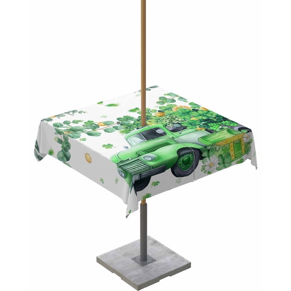 Fsddascl Green Truck St. Patrick's Day Outdoor Tablecloth - 54x54 Inch Square Dining Table Cover, Lucky Eucalyptus Leaves Waterproof Outdoor Table Cloth with Umbrella Hole & Zipper for Picnic/Patio