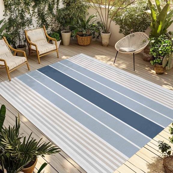 Fsddascl Grey Blue Stripes Outdoor Rug for Patio/Deck/Porch, Non-Slip Large Area Rug 6 x 9 Ft, Country Modern Gradient Lines Art Indoor Outdoor Rugs Washable Area Rugs, Reversible Camping Rug Carpet