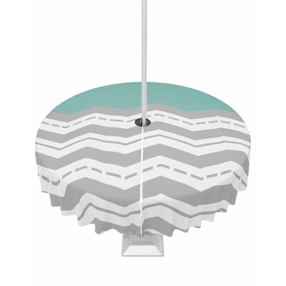 Fsddascl Grey Chevron Outdoor Tablecloth - 54 Inch Round Dining Table Cover, Geometric Turquoise Print Wavy Striped White Waterproof Outdoor Table Cloth with Umbrella Hole & Zipper for Picnic/Patio