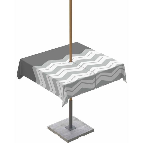 Fsddascl Grey Chevron Outdoor Tablecloth - 54x54 Inch Square Dining Table Cover, Geometric Ocean Abstract Wavy Striped White Waterproof Outdoor Table Cloth with Umbrella Hole & Zipper for Patio