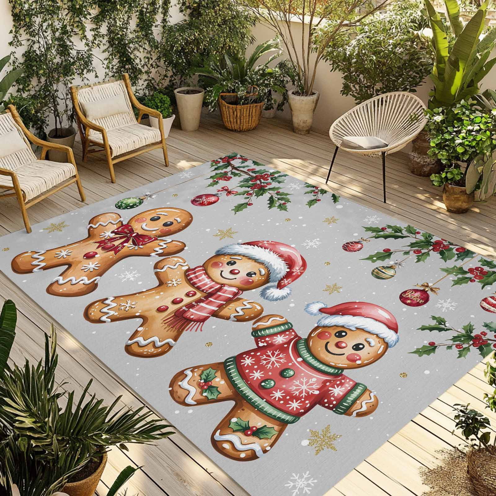 Fsddascl Grey Christmas Gingerbread Outdoor Rug for Patio/Deck/Porch, Non-Slip Large Area Rug 4 x 6 Ft, Xmas Balls Snowflake Indoor Outdoor Rugs Washable Area Rugs, Camping Rug Carpet Runner