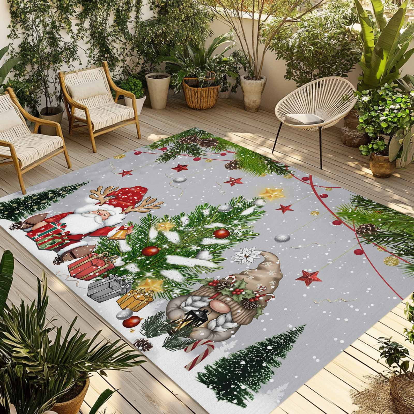 Fsddascl Grey Christmas Gnomes Outdoor Rug for Patio/Deck/Porch, Non-Slip Large Area Rug 5 x 8 Ft, Xmas Tree Snowflake Pine Needle Indoor Outdoor Rugs Washable Area Rugs, Camping Rug Carpet Runner