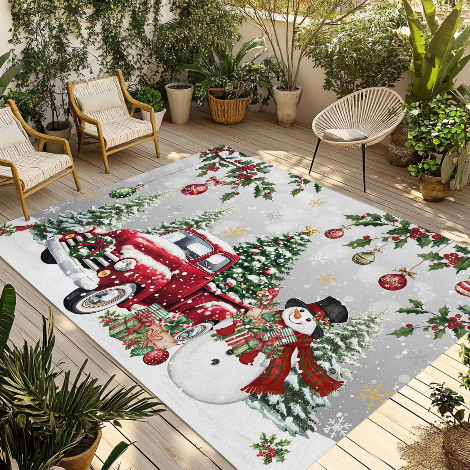 Fsddascl Grey Christmas Outdoor Rug for Patio/Deck/Porch, Non-Slip Large Area Rug 4 x 6 Ft, Xmas Snowman Truck Snowflake Tree Balls Indoor Outdoor Rugs Washable Area Rugs, Camping Rug Carpet Runner