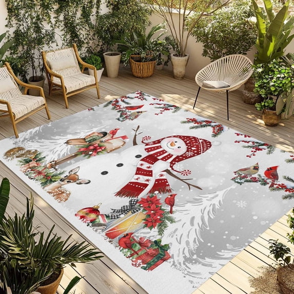 Fsddascl Grey Christmas Outdoor Rug for Patio/Deck/Porch, Non-Slip Large Area Rug 5 x 8 Ft, Xmas Snowman Tree Snowflake Birds Indoor Outdoor Rugs Washable Area Rugs, Camping Rug Carpet Runner