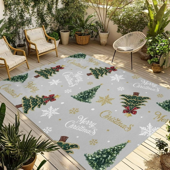 Fsddascl Grey Christmas Tree Outdoor Rug for Patio/Deck/Porch, Non-Slip Large Area Rug 6 x 9 Ft, Xmas Snowflake Tree Green Indoor Outdoor Rugs Washable Area Rugs, Reversible Camping Rug Carpet Runner