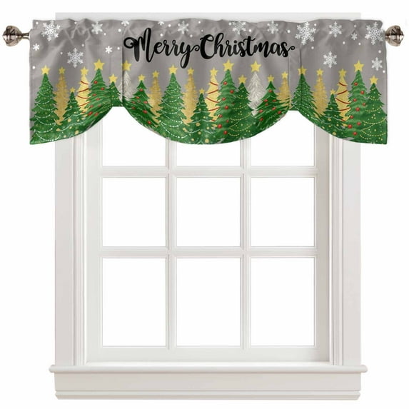 Fsddascl Grey Christmas Tree Tie Up Valance Curtains for Windows, Kitchen Curtains Window Treatments, Green Xmas Tree Snowflake Luxury Short Window Shades Valances for Bedroom Bathroom Cafe 60"x18"