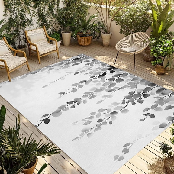 Fsddascl Grey Eucalyptus Leaves Outdoor Rug for Patio/Deck/Porch, Non-Slip Large Area Rug 4 x 6 Ft, Farmhouse Summer Botanical Indoor Outdoor Rugs Washable Area Rugs, Reversible Camping Rug Carpet