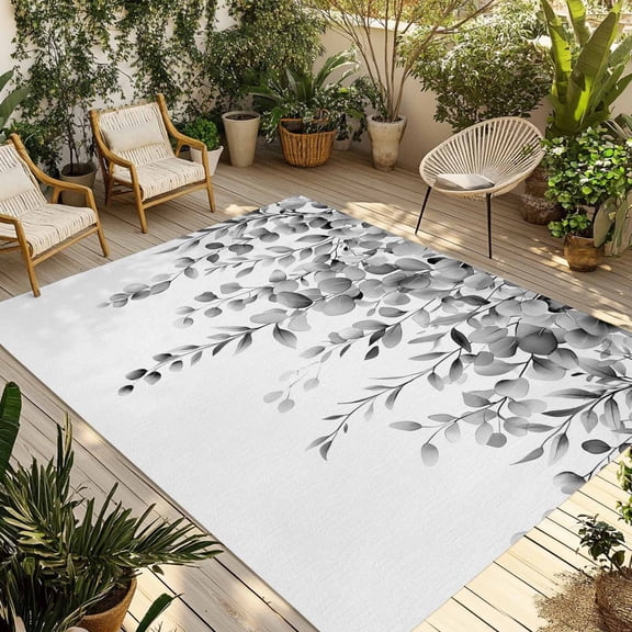 Fsddascl Grey Eucalyptus Outdoor Rug for Patio/Deck/Porch, Non-Slip Large Area Rug 4 x 6 Ft, Botanical Leaves Aesthetics Flowers Indoor Outdoor Rugs Washable Area Rugs, Reversible Camping Rug Carpet