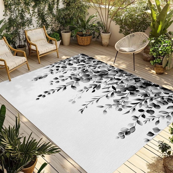 Fsddascl Grey Eucalyptus Outdoor Rug for Patio/Deck/Porch, Non-Slip Large Area Rug 4 x 6 Ft, Gradient Retro Watercolor Leaves Indoor Outdoor Rugs Washable Area Rugs, Reversible Camping Rug Carpet