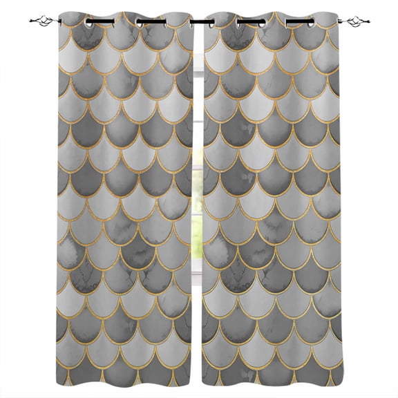 Fsddascl Grey Fish Scale Blackout Curtains for Bedroom/Living Room, Thermal Insulated Kitchen Curtains, Modern Geometric Gold Abstract Moroccan Grommet Darkening Window Treatment Drapes 27.5"x39"x2