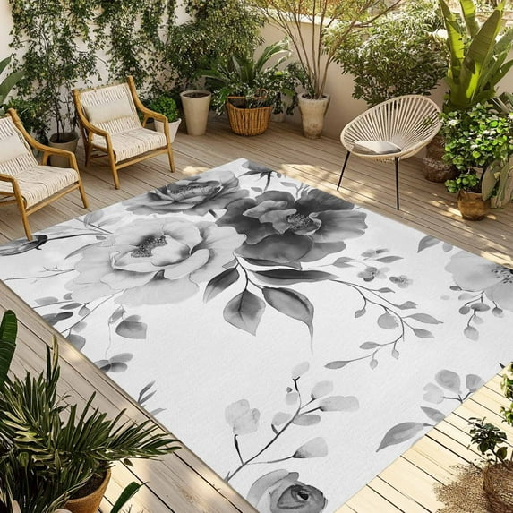 Fsddascl Grey Floral Art Outdoor Rug for Patio/Deck/Porch, Non-Slip Large Area Rug 6 x 9 Ft, Watercolor Botanical Spring Flowers Indoor Outdoor Rugs Washable Area Rugs, Reversible Camping Rug Carpet