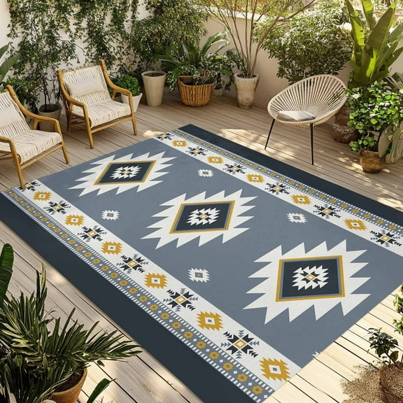 Fsddascl Grey Geometric Outdoor Rug for Patio/Deck/Porch, Non-Slip Large Area Rug 4 x 6 Ft, Boho Aztec Southwest Abstract Plaid Indoor Outdoor Rugs Washable Area Rugs, Reversible Camping Rug Carpet