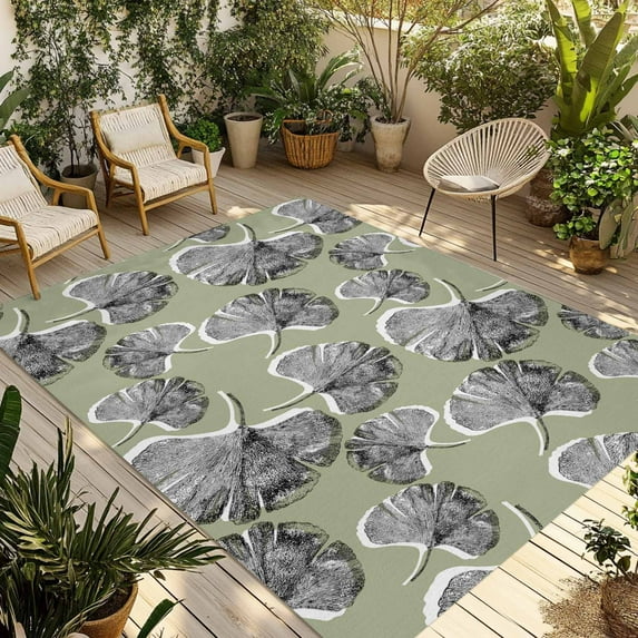 Fsddascl Grey Leaves Outdoor Rug for Patio/Deck/Porch, Non-Slip Large Area Rug 4 x 6 Ft, Vintage Abstract Art Botanical Sage Green Indoor Outdoor Rugs Washable Area Rugs, Camping Rug Carpet
