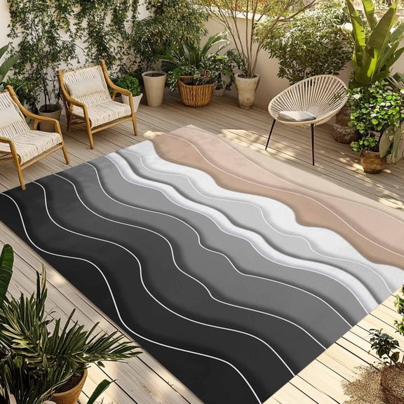 Fsddascl Grey Ombre Stripe Outdoor Rug for Patio/Deck/Porch, Non-Slip Large Area Rug 4 x 6 Ft, Abstract Summer Beach Coastal Indoor Outdoor Rugs Washable Area Rugs, Reversible Camping Rug Carpet