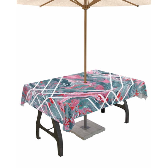 Fsddascl Grey Pink Outdoor Tablecloth - 54x80 Inch Rectangle Dining Table Cover, Modern Geometric Marble Abstract Art Waterproof Outdoor Table Cloth with Umbrella Hole & Zipper for Picnic/Patio