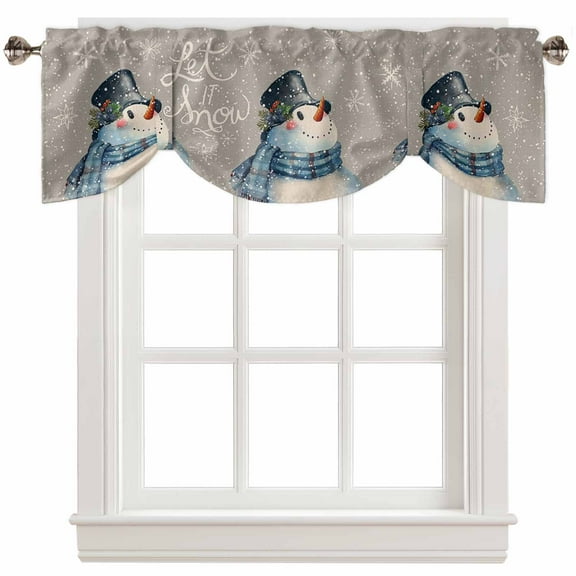 Fsddascl Grey Snowman Christmas Tie Up Valance Curtains for Windows, Kitchen Curtains Window Treatments, Let Snow Xmas Winter Snowflake Short Window Shades Valances for Bedroom Bathroom Cafe 54"x18"