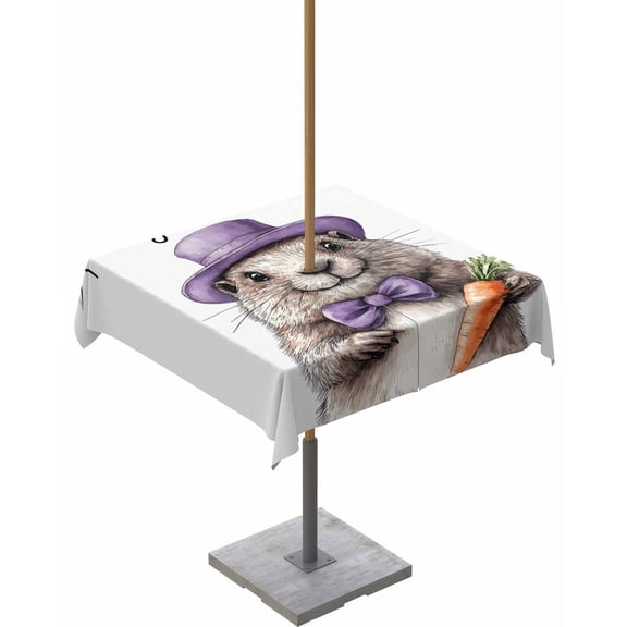 Fsddascl Groundhog Day Outdoor Tablecloth - 54x54 Inch Square Dining Table Cover, Spring Cute Grey Animals Carrot Waterproof Outdoor Table Cloth with Umbrella Hole & Zipper for Picnic/Patio/Party