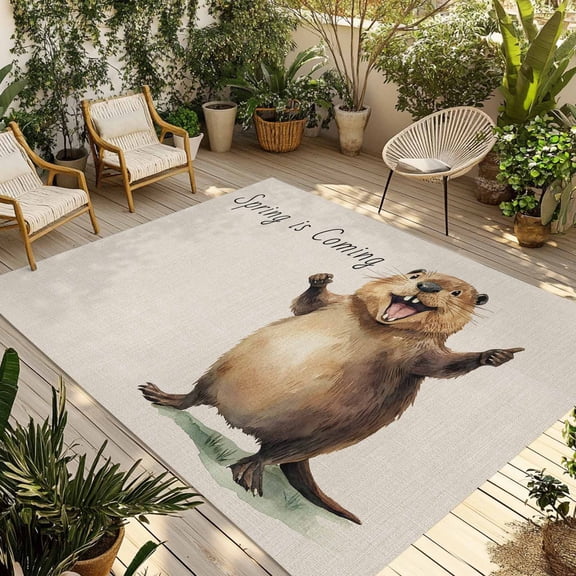 Fsddascl Groundhog Festival Outdoor Rug for Patio/Deck/Porch, Non-Slip Large Area Rug 4 x 6 Ft, Spring Animal Pastoral Seasonal Indoor Outdoor Rugs Washable Area Rugs, Reversible Camping Rug Carpet