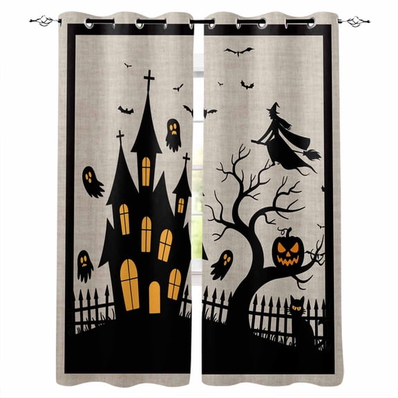 Fsddascl Halloween Blackout Curtains for Bedroom/Living Room, Thermal Insulated Kitchen Curtains, Black Pumpkin Ghost Castle Witch Grommet Darkening Window Treatment Drapes 27.5"x39"x2