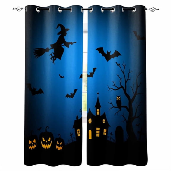 Fsddascl Halloween Blackout Curtains for Bedroom/Living Room, Thermal Insulated Kitchen Curtains, Castle Pumpkin Witch Bat Blue Black Grommet Darkening Window Treatment Drapes 52"x84"x2