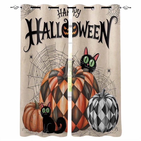 Fsddascl Halloween Blackout Curtains for Bedroom/Living Room, Thermal Insulated Kitchen Curtains, Orange Black Check Pumpkin Cat Spiderwebs Grommet Darkening Window Treatment Drapes 27.5"x39"x2