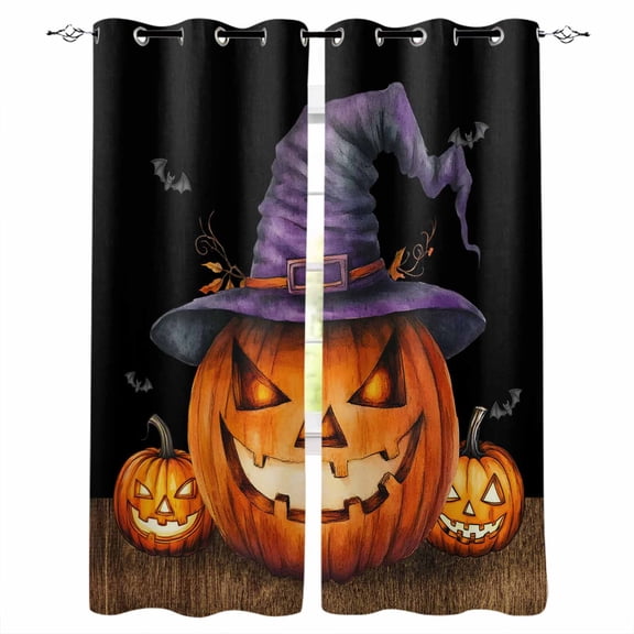Fsddascl Halloween Blackout Curtains for Bedroom/Living Room, Thermal Insulated Kitchen Curtains, Orange Fall Pumpkin Witch Hat Bat Black Grommet Darkening Window Treatment Drapes 52"x63"x2