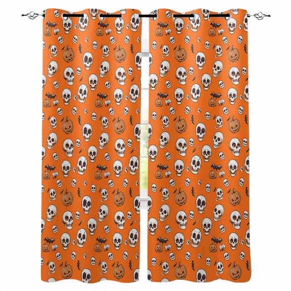 Fsddascl Halloween Horror Skull Blackout Curtains for Bedroom/Living Room, Thermal Insulated Kitchen Curtains, Pumpkins Bats Orange Grommet Darkening Window Treatment Drapes 27.5"x39"x2