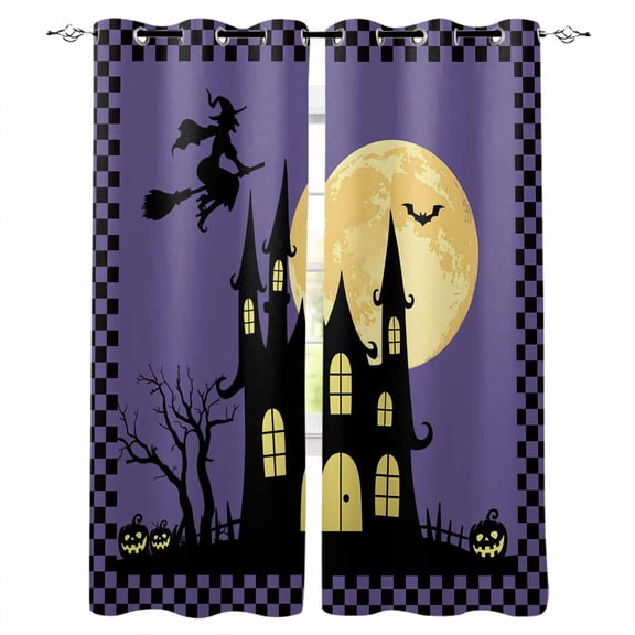 Fsddascl Halloween Night Blackout Curtains for Bedroom/Living Room, Thermal Insulated Kitchen Curtains, Horror Castle Witch Evil Pumpkin Purple Plaid Grommet Darkening Window Treatment 52"x72"x2