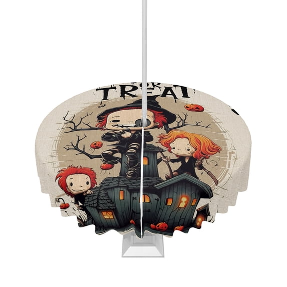 Fsddascl Halloween Outdoor Tablecloth - 54 Inch Round Dining Table Cover, Trick or Treat Children Pumpkin Black Branches Waterproof Outdoor Table Cloth with Umbrella Hole & Zipper for Picnic/Patio