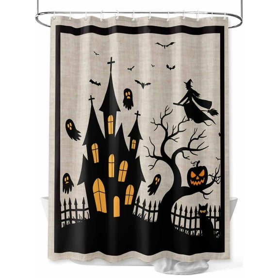 Fsddascl Halloween Shower Curtain Set - Long 72" x 84" Washable Bathtub Curtain with 12 Hooks, Black Pumpkin Ghost Castle Witch Waterproof Fabric Stall Shower Curtains for Bathroom/Bathtub Décor