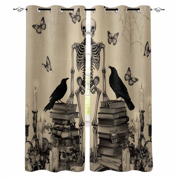 Fsddascl Halloween Skeleton Blackout Curtains for Bedroom/Living Room, Thermal Insulated Kitchen Curtains, Butterfly Crow Retro Horror Skull Grommet Darkening Window Treatment Drapes 27.5"x39"x2