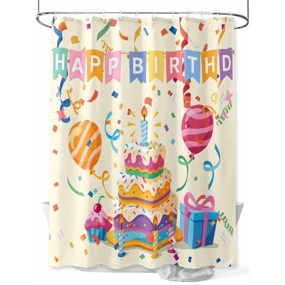 Fsddascl Happy Birthday Cake Shower Curtain Set - Extra Long 72" x 96" Washable Bathtub Curtain with 12 Hooks, Ribbon Balloon Cartoon Cute Waterproof Fabric Stall Shower Curtains for Bathroom/Bathtub
