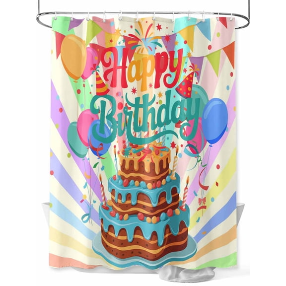 Fsddascl Happy Birthday Shower Curtain Set - Extra Long 72" x 96" Washable Bathtub Curtain with 12 Hooks, Colorful Balloon Ribbon Cake Waterproof Fabric Stall Shower Curtains for Bathroom/Bathtub
