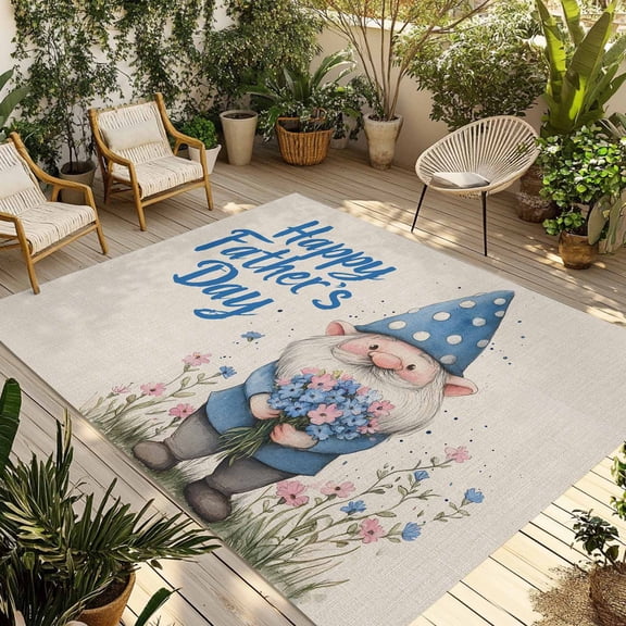 Fsddascl Happy Father's Day Outdoor Rug for Patio/Deck/Porch, Non-Slip Large Area Rug 4 x 6 Ft, Blue Gnomes Rustic Garden Floral Indoor Outdoor Rugs Washable Area Rugs, Reversible Camping Rug Carpet