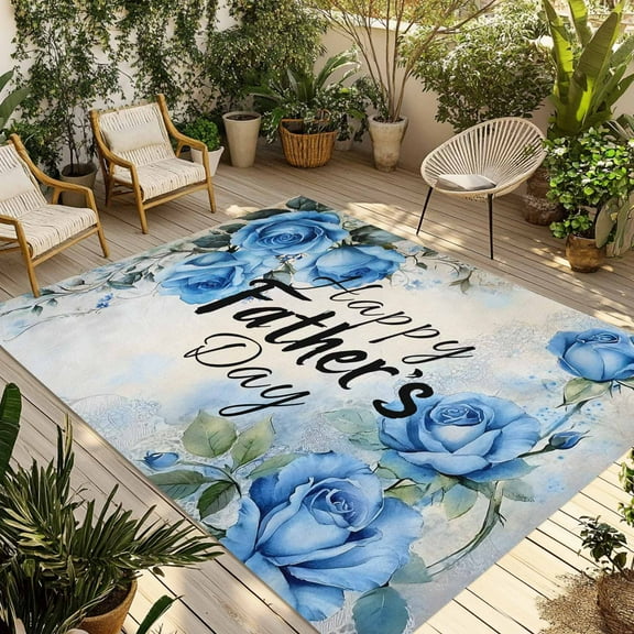 Fsddascl Happy Father's Day Outdoor Rug for Patio/Deck/Porch, Non-Slip Large Area Rug 4 x 6 Ft, Blue Spring Garden Floral Indoor Outdoor Rugs Washable Area Rugs, Reversible Camping Rug Carpet Runner