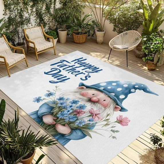 Fsddascl Happy Father's Day Outdoor Rug for Patio/Deck/Porch, Non-Slip Large Area Rug 5 x 8 Ft, Blue Gnomes Floral Botanical Indoor Outdoor Rugs Washable Area Rugs, Reversible Camping Rug Carpet