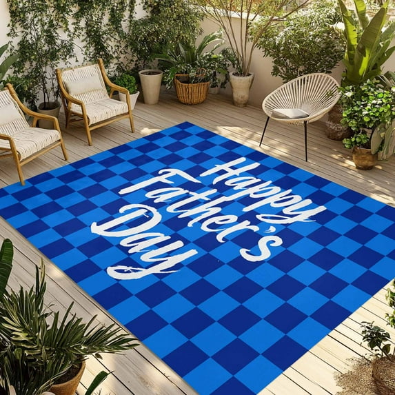 Fsddascl Happy Father's Day Outdoor Rug for Patio/Deck/Porch, Non-Slip Large Area Rug 6 x 9 Ft, Blue Checkered Plaid Indoor Outdoor Rugs Washable Area Rugs, Reversible Camping Rug Carpet Runner