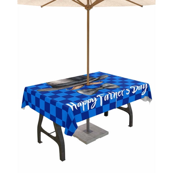 Fsddascl Happy Father's Day Outdoor Tablecloth - 60x102 Inch Rectangle Dining Table Cover, Funny Bow Beard Blue Check Waterproof Outdoor Table Cloth with Umbrella Hole & Zipper for Picnic/Patio
