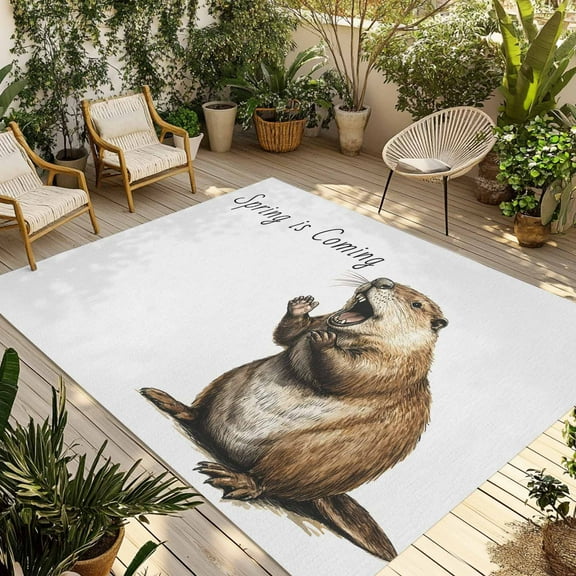 Fsddascl Happy Groundhog Day Outdoor Rug for Patio/Deck/Porch, Non-Slip Large Area Rug 5 x 8 Ft, February Spring Party Cute Animals Indoor Outdoor Rugs Washable Area Rugs, Camping Rug Carpet