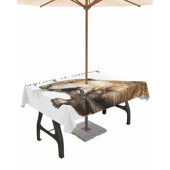 Fsddascl Happy Groundhog Day Outdoor Tablecloth - 60x102 Inch Rectangle Dining Table Cover, February Spring Party Cute Animals Waterproof Outdoor Table Cloth with Umbrella Hole & Zipper for Patio