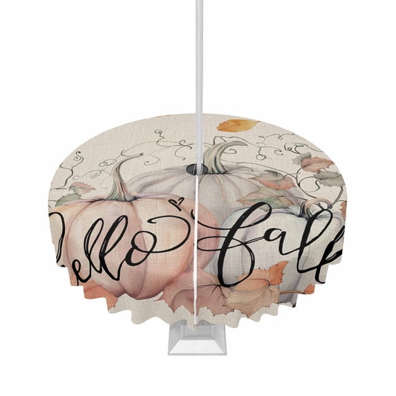 Fsddascl Hello Fall Outdoor Tablecloth - 60 Inch Round Dining Table Cover, Farmhouse Pumpkins Thanksgiving Botanical Waterproof Outdoor Table Cloth with Umbrella Hole & Zipper for Picnic/Patio/Party