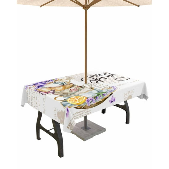 Fsddascl Hello Spring Outdoor Tablecloth - 52x70 Inch Rectangle Dining Table Cover, Purple Floral Botanical Coffee Cups Waterproof Outdoor Table Cloth with Umbrella Hole & Zipper for Picnic/Patio