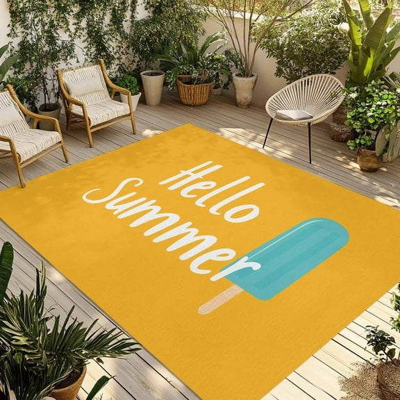 Fsddascl Hello Summer Outdoor Rug for Patio/Deck/Porch, Non-Slip Large Area Rug 5 x 8 Ft, Ice Cream Yellow Blue Indoor Outdoor Rugs Washable Area Rugs, Reversible Camping Rug Carpet Runner