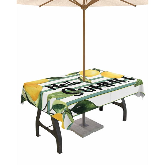 Fsddascl Hello Summer Outdoor Tablecloth - 52x70 Inch Rectangle Dining Table Cover, Lemon Green Botanical Watercolor Striped Waterproof Outdoor Table Cloth with Umbrella Hole & Zipper for Patio