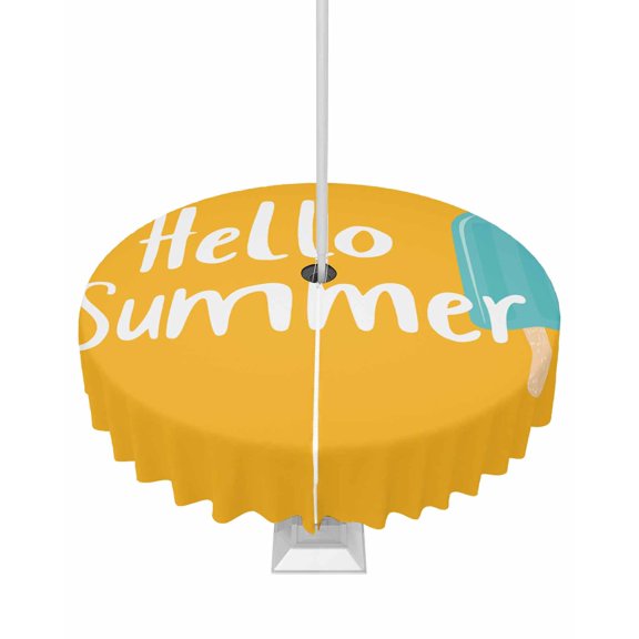 Fsddascl Hello Summer Outdoor Tablecloth - 54 Inch Round Dining Table Cover, Ice Cream Yellow Blue Waterproof Outdoor Table Cloth with Umbrella Hole & Zipper for Picnic/Patio/Party