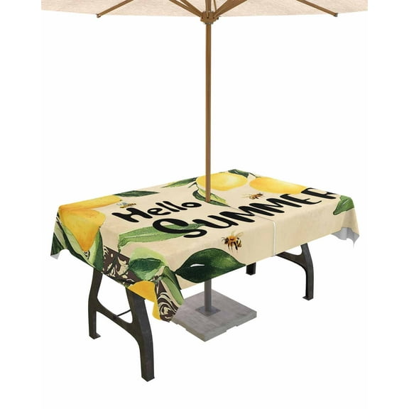 Fsddascl Hello Summer Outdoor Tablecloth - 60x120 Inch Rectangle Dining Table Cover, Lemon Green Botanical Watercolor Waterproof Outdoor Table Cloth with Umbrella Hole & Zipper for Picnic/Patio