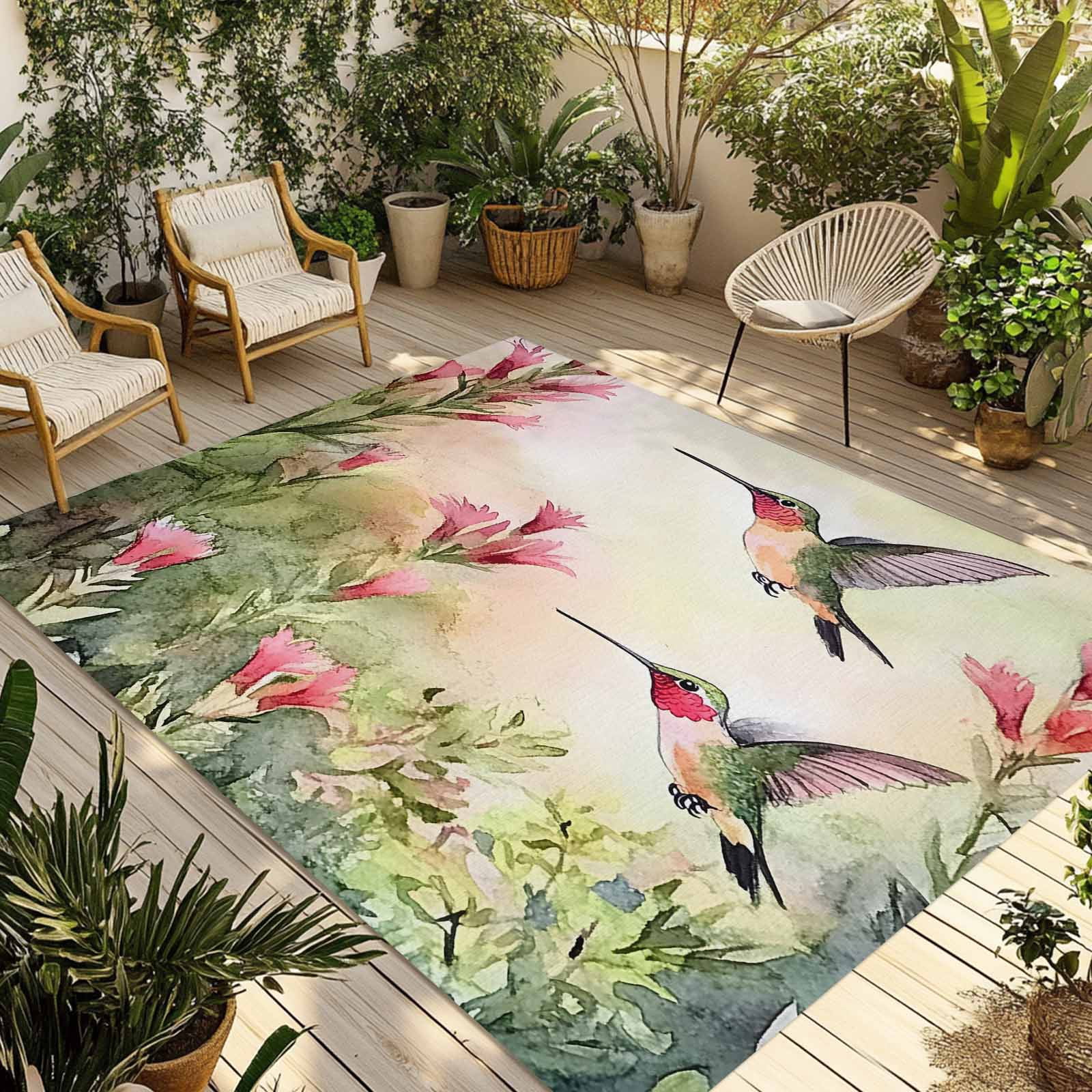 Round Hummingbird Rug Fsddascl Hummingbird Red Floral Outdoor Rug for Patio/Deck/Porch, Non ...