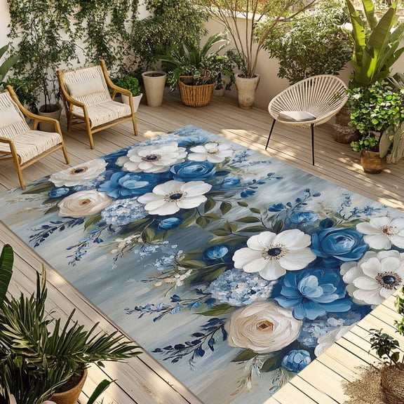 Fsddascl Hydrangeas Flower Outdoor Rug for Patio/Deck/Porch, Non-Slip Large Area Rug 4 x 6 Ft, Blue White Floral Country Oil Painting Indoor Outdoor Rugs Washable Area Rugs, Camping Rug Carpet